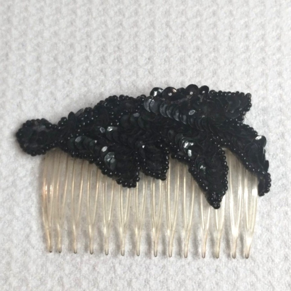 Vintage Style Black Beaded Sequin Floral Hair Comb Accessory Formal Evening Wear